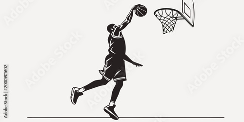 Basketball player jumping for a powerful dunk minimalist vector illustration basketball illustration silhouette minimalist competition training exercise strength professional isolated