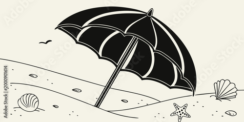 Beach sand with sea shells starfish sun umbrella summer vacation graphic umbrella starfish vacation relaxation illustration silhouette minimalist recreation creature beachcombing treasure