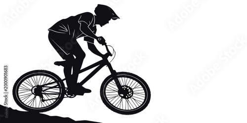 Black and white graphic silhouette of a mountain biker riding downhill with mountain downhill silhouette illustration mountainbike adventure activity lifestyle challenge training exercise
