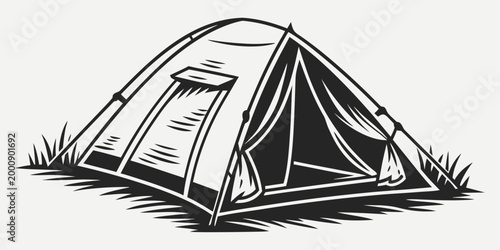 Camping tent outdoor shelter graphic with adventure recreation wilderness vacation equipment expedition climbing mountain illustration monochrome isolated activity lifestyle landscape
