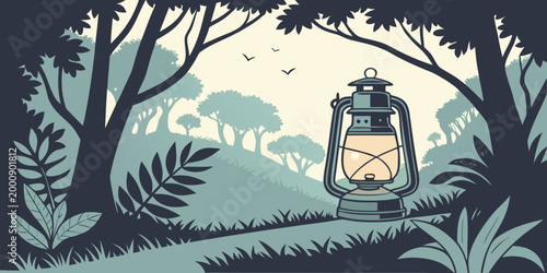 Vintage camping lantern lit on forest path background with adventure illustration wilderness background exploration environment tranquility atmosphere peaceful equipment solitude activity