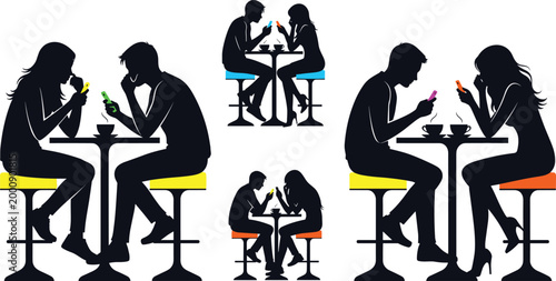 Fotografie Couple Dining and Interacting Icons Set with Ice Cream, Coffee, and Conversation