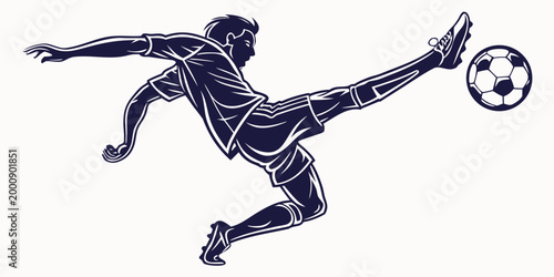 Professional soccer player kicking football graphic in dark blue with football silhouette competition athletic tournament illustration isolated professional movement physical training