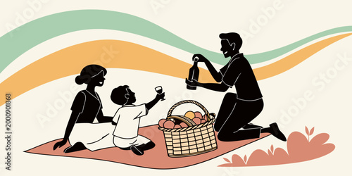 Family enjoying a picnic in the park illustration with lifestyle vacation relaxation recreation togetherness parenting sunshine activity illustration colorful background pastoral childhood