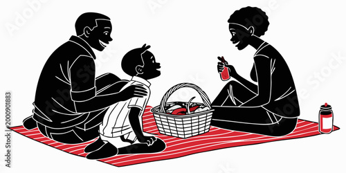 Family picnic with food basket and red blanket silhouette happiness recreation parenting lifestyle togetherness activity vacation interaction childhood relaxation