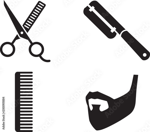 Barber tools and beard icons set with scissors comb straight razor and facial hair salon with cut