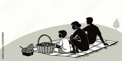 Family silhouette enjoying a relaxing picnic outdoors on a sunny day illustration with silhouette outdoors lifestyle recreation relaxation togetherness illustration vacation activity parkland