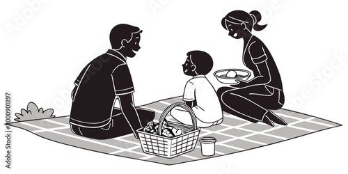 Family having a picnic together with basket and snacks illustration outdoors lifestyle togetherness recreation illustration leisurely parkland refreshment childhood carefree community
