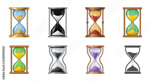 Collection of various hourglasses in different colors and styles, symbolizing time and its passage