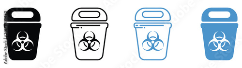 Sharps container icon set, multi-style medical waste symbols, syringe and needle disposal icons, healthcare hazard management concept, clean vector design elements for hospitals, labs, and medical was