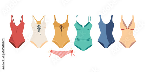 Collection of various women's swimsuits and beachwear, vector