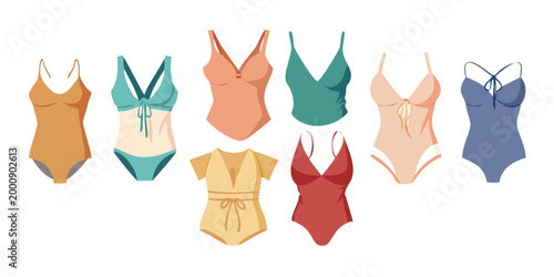 Collection of various women's swimsuits and beachwear styles, vector