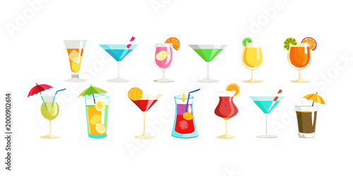 Collection of colorful cocktails and alcoholic drinks, vector