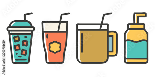 Set of four colorful cold beverage illustrations with straws, vector