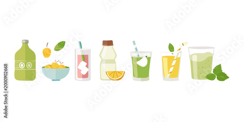 Collection of healthy fresh fruit juices and smoothies, vector