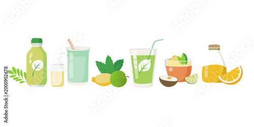 Collection of healthy green juices and fresh citrus fruits, vector