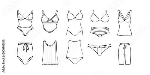 Women swimwear and clothing line art collection, vector