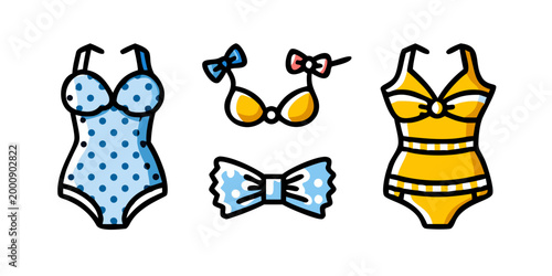 Collection of colorful women's swimsuits and bikini icons, vector