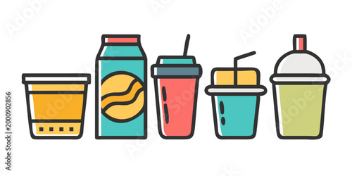 Set of colorful beverage and drink container icons, vector