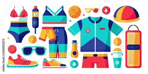 Collection of sports, fitness and summer lifestyle gear, vector