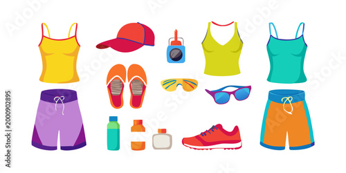 Summer apparel and outdoor sports gear collection, vector