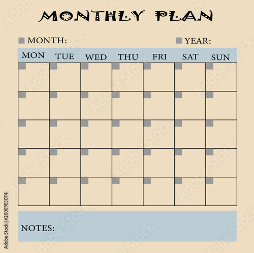 Blank Monthly Planner Calendar Template with Note Section and Earthy Tones for Scheduling and Organization
