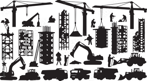 Set of 25 Construction Site and Heavy Machinery Silhouettes Vector