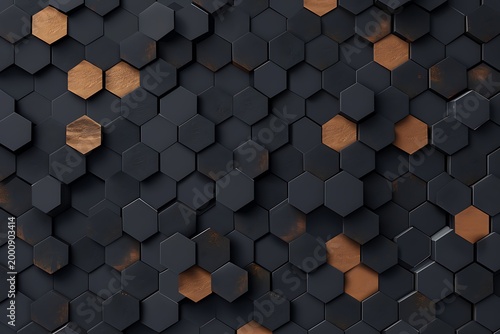 Hexagonal pattern with orange and gray geometric shapes, background
