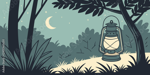 Glowing oil lantern in a serene night forest setting with crescent moon night sky camping gear outdoors adventure landscape crescent illustration wilderness background exploration mystical