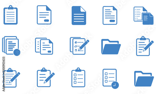 Document and folder management icons set featuring clipboards and writing tools for professional business and office administration tasks