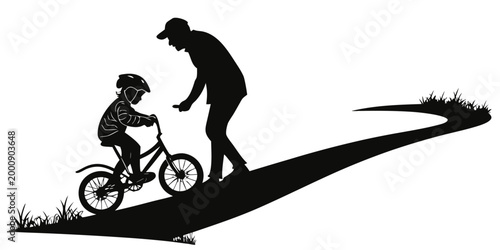 Silhouette of a father supervising his child learning to ride a bicycle on a garden path with learning silhouette parenting guidance training lifestyle development childhood fatherhood