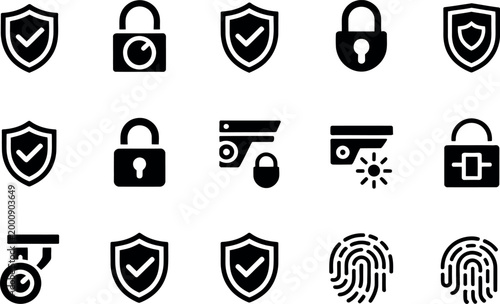 Security icons, 16 protection symbols, black vector set, safety signs, lock and shield graphics