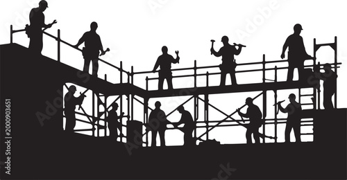 Black Silhouette Vector of Construction Workers on Scaffolding