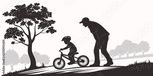 Silhouette illustration of a father and child cycling in a park with trees and forest landscape silhouette learning training lifestyle outdoors recreation fatherhood childhood illustration