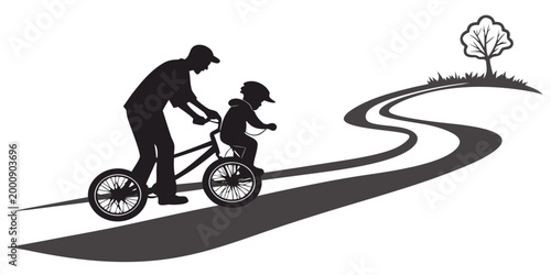 Silhouette illustration of a father teaching his young child to ride a bicycle on a winding park path with silhouette parenting learning training outdoors recreation activity lifestyle