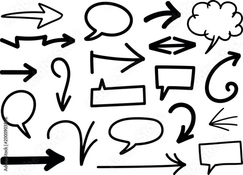 Hand drawn speech bubbles, arrows, and pointers, black line icons, conversation symbols, dialogue elements