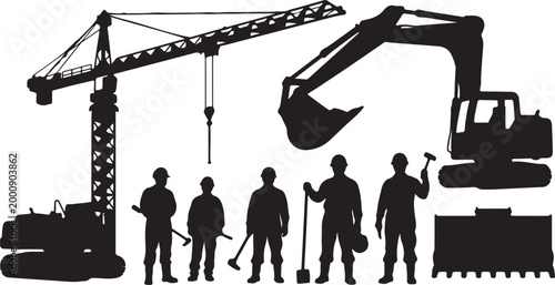 Construction Site Equipment and Workers Silhouettes Vector