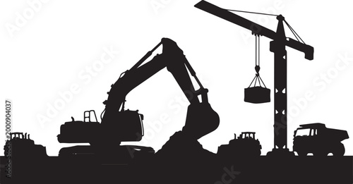 Construction Site Heavy Equipment Silhouette Vector