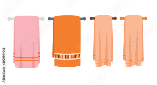 PrintColorful Hanging Bath Towels Set on Rack with Folded Textile Fabrics for Bathroom Decor, Laundry Concept, Home Interior, Clean Soft Cloth Collection