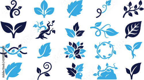 Set of green leaf and plant icons nature elements for organic and eco friendly designs decoration.