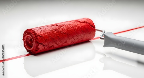 red paint roller on white surface with reflection