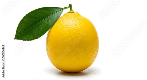 Fresh yellow lemon with green leaf on white background