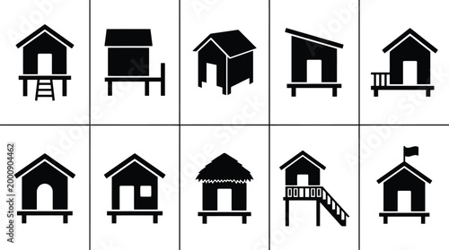 Cuadro en lienzo Minimalist beach hut icons set, black silhouette bungalow and stilt house vector