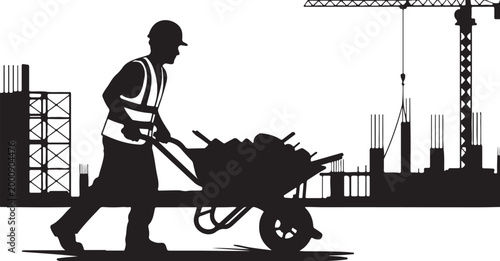 Construction Worker Silhouette Pushing Wheelbarrow Vector