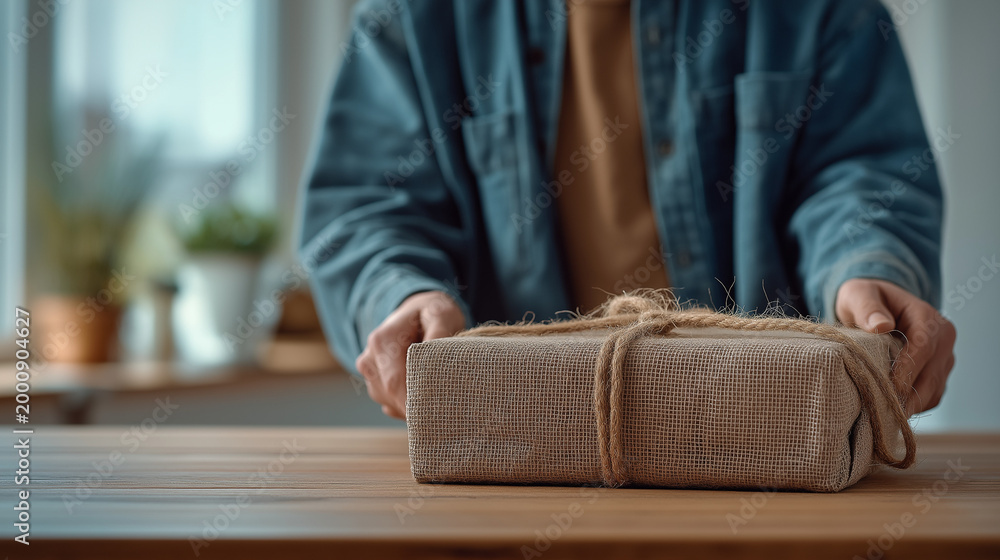 Fototapeta premium Person handing wrapped gift on wooden table with plants in background 