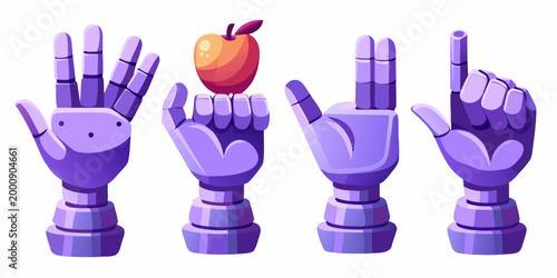 robot hands making various gestures with apple on white background