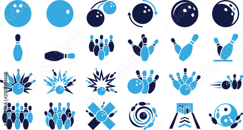 Set of flat blue bowling icons representing balls pins and game elements on white background.