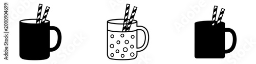 Mug with straws icon set for drinks, silhouette and outline vector