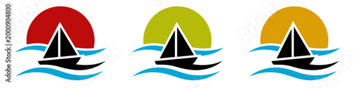 Quadro su tela Sailboat icon set with colorful sun and sea waves for travel