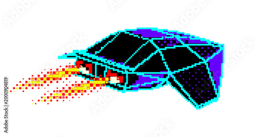 Pixel 3D wireframe spaceship with fire trail and flame exhaust. Synthwave retro-style spaceship isolated on transparent background
